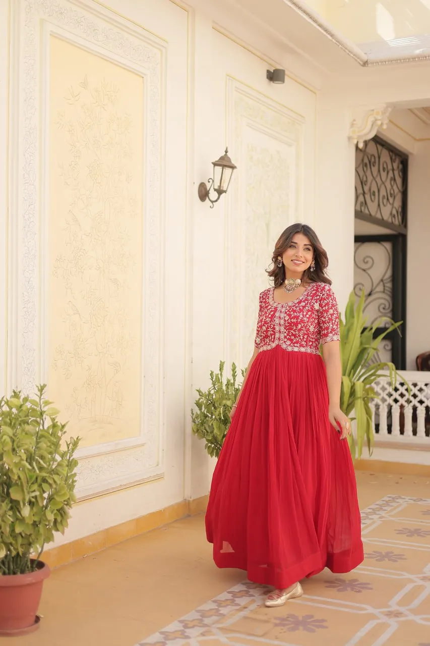 Luxurious Zari-Embroidered Red Gown for Discerning Women