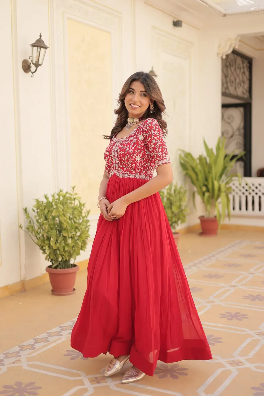 Luxurious Zari-Embroidered Red Gown for Discerning Women