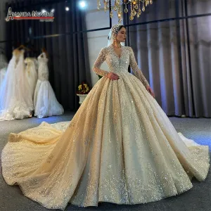 Luxury Full Pearls Wedding Dress With Long Train