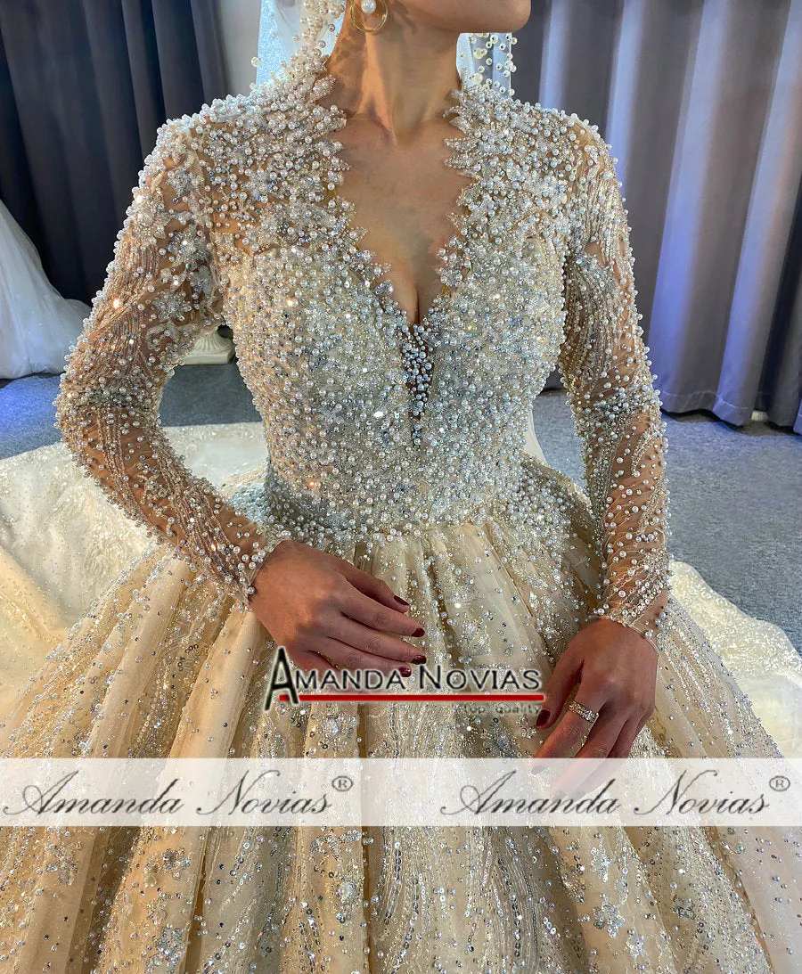 Luxury Full Pearls Wedding Dress With Long Train