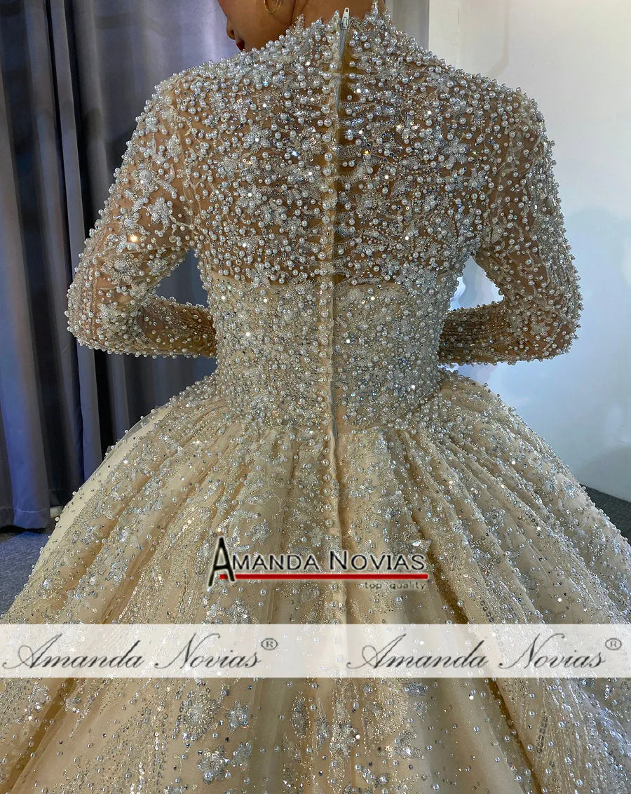 Luxury Full Pearls Wedding Dress With Long Train