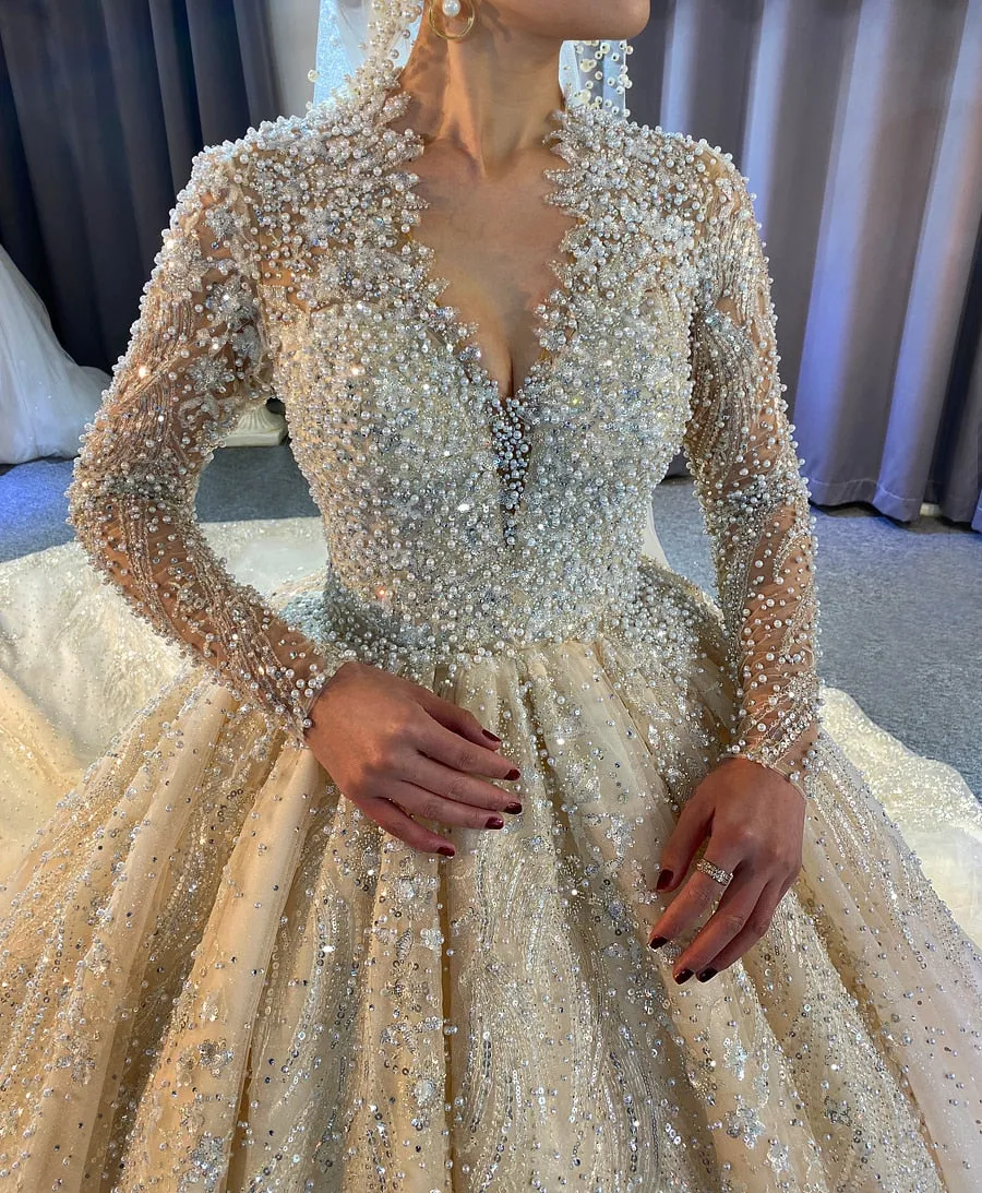 Luxury Full Pearls Wedding Dress With Long Train