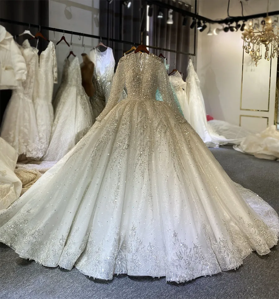 Luxury Full Pearls Wedding Dress With Long Train