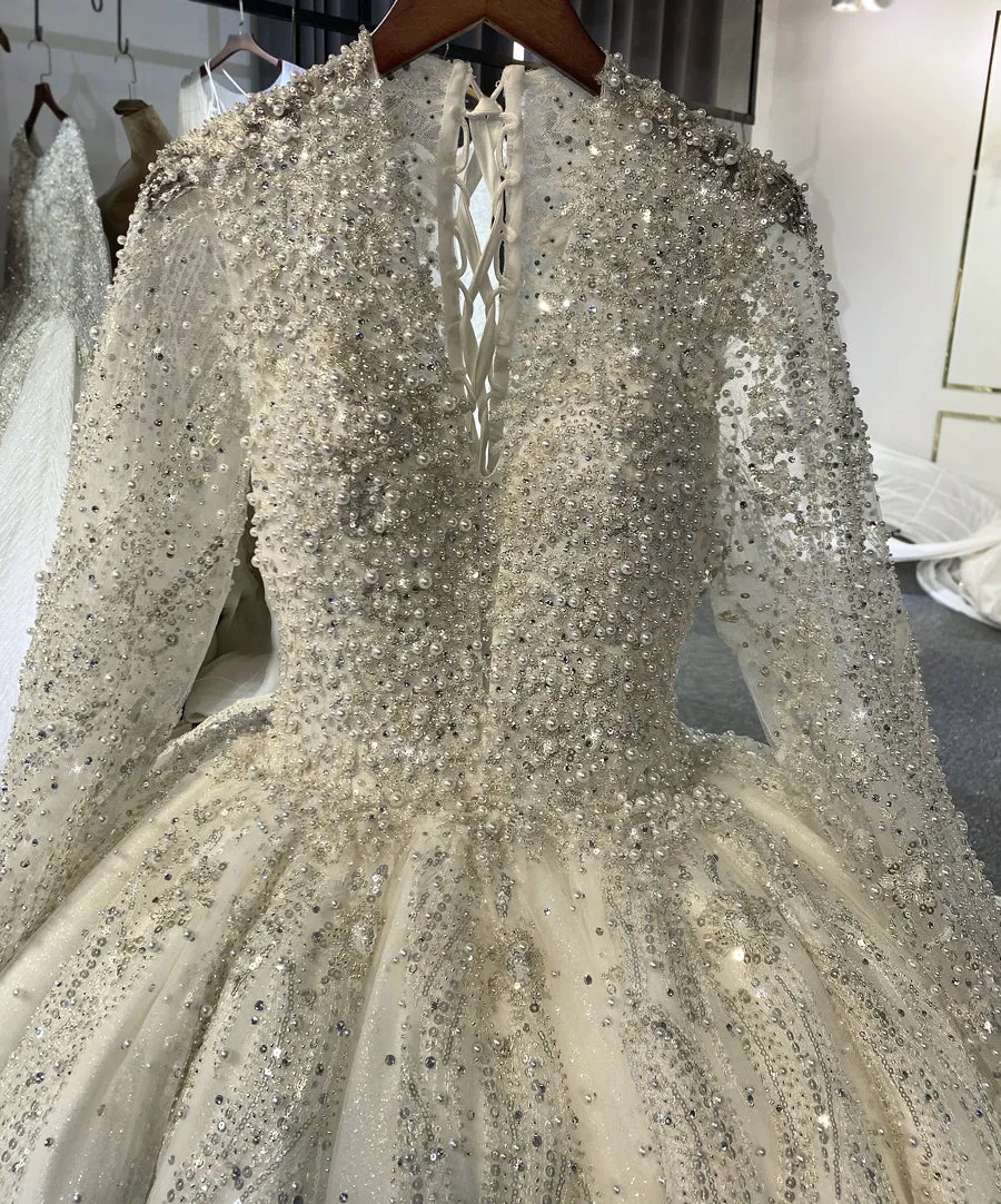 Luxury Full Pearls Wedding Dress With Long Train