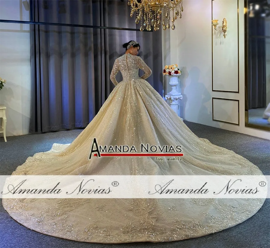 Luxury Full Pearls Wedding Dress With Long Train