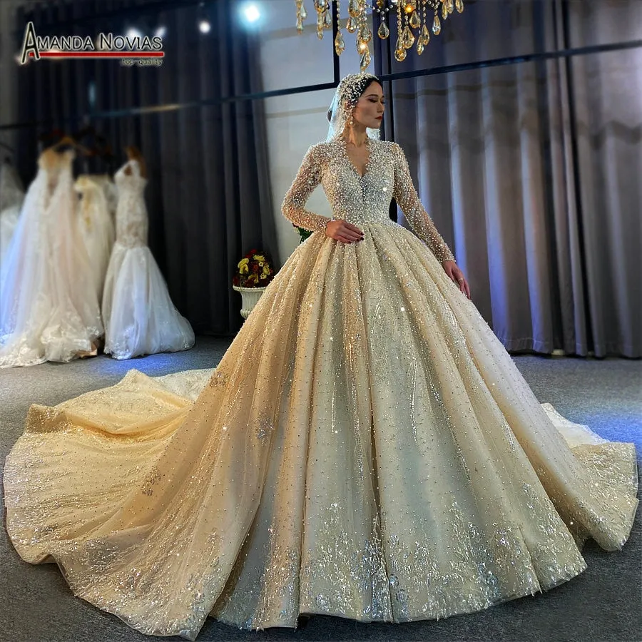 Luxury Full Pearls Wedding Dress With Long Train