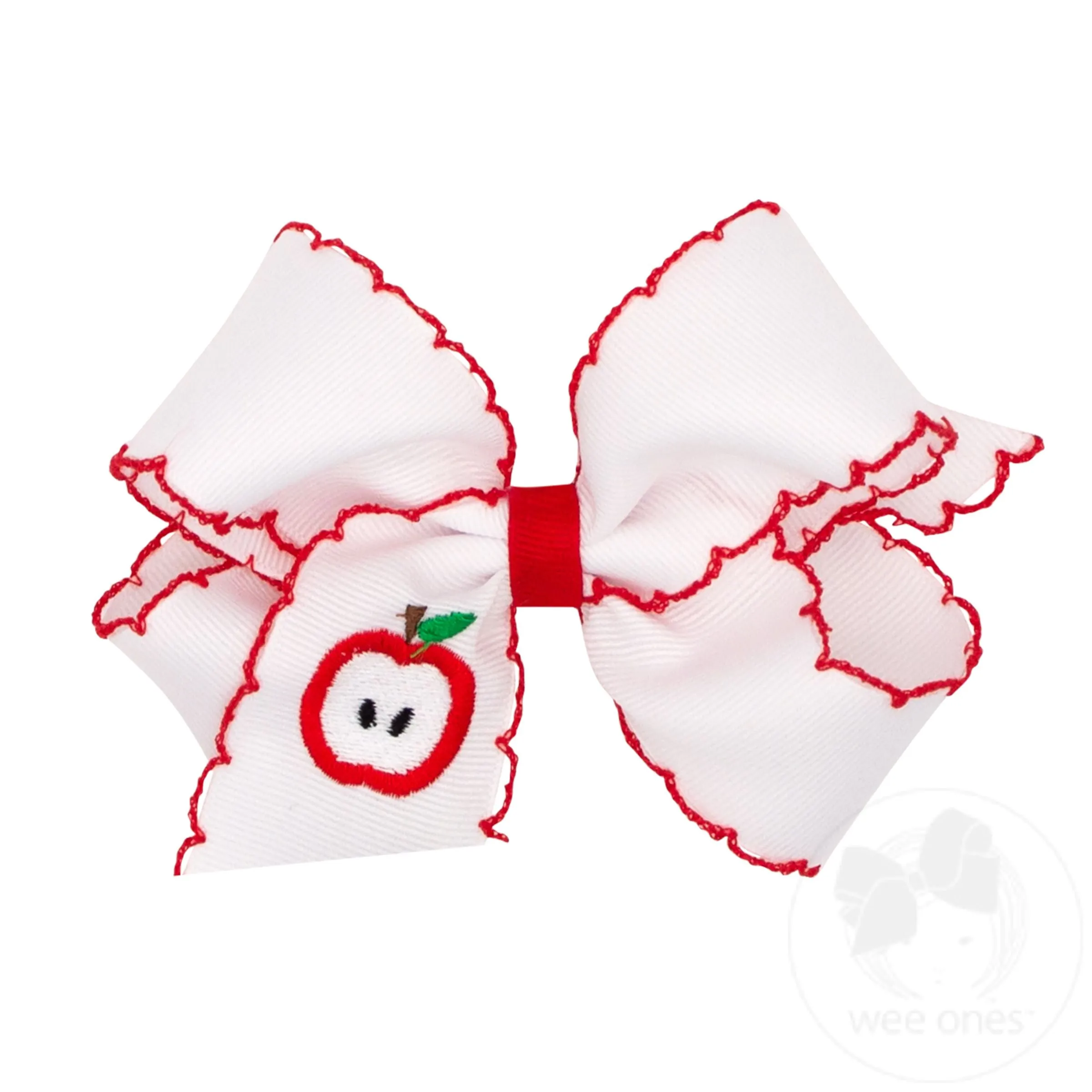 Medium Apple Embroidered Grosgrain Hair Bow with Moonstitch Edge