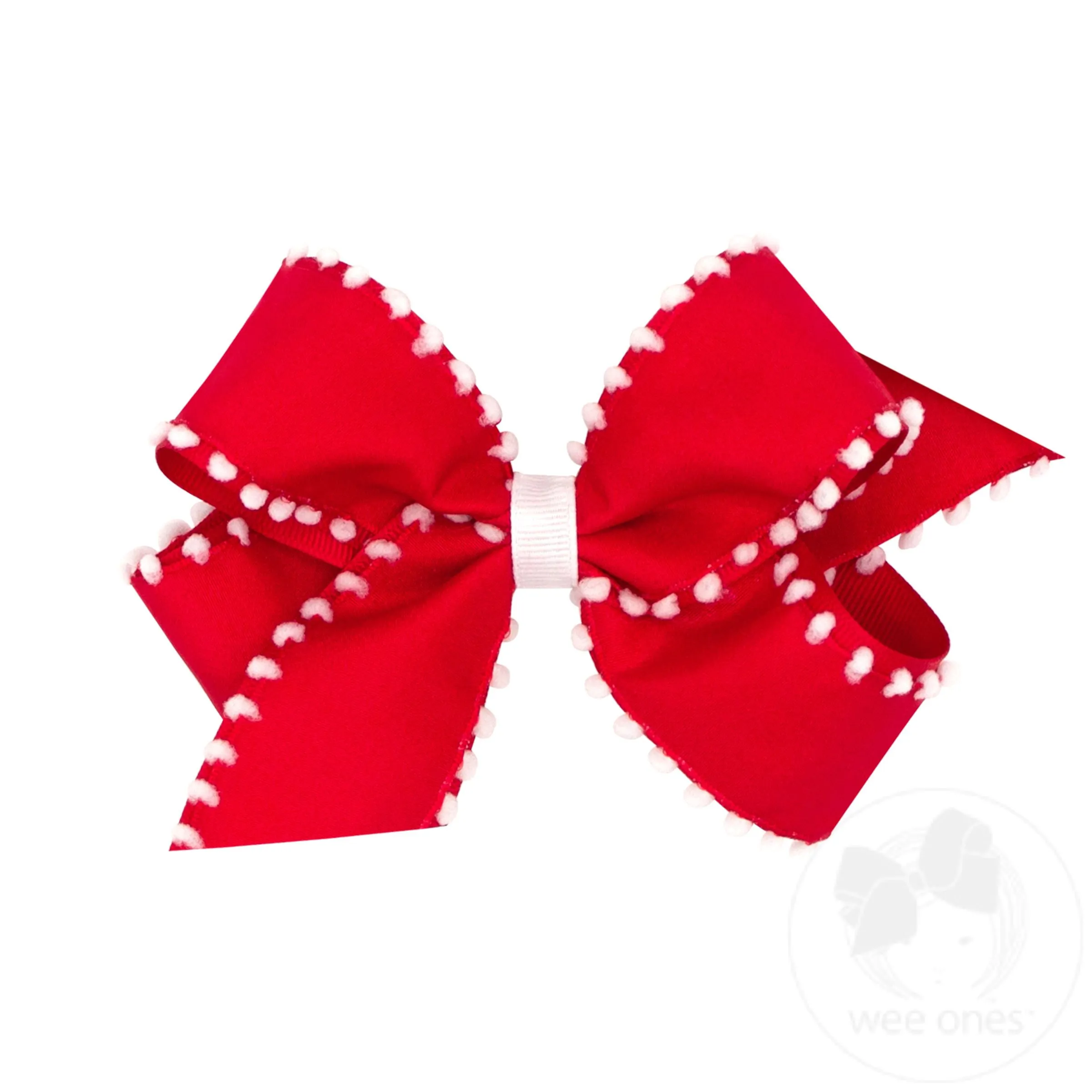 Medium Holiday Style Pom-Pom Edge Grosgrain Overlay Girls Hair Bow