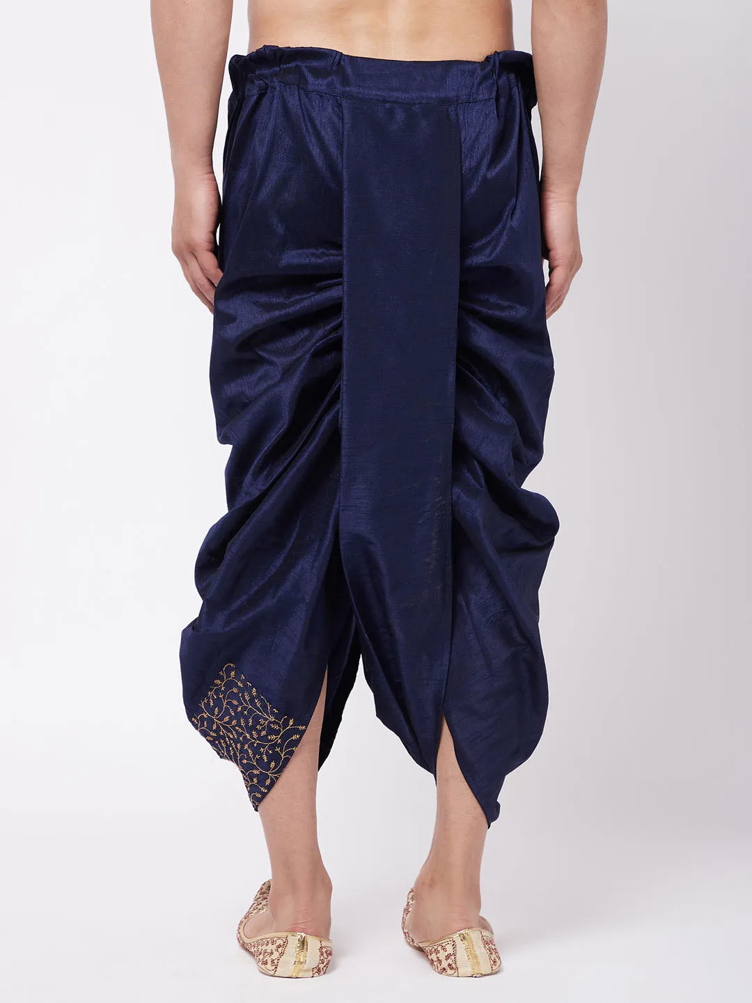 Men's Navy Blue Silk Blend Embroidered Dhoti - Vastramay