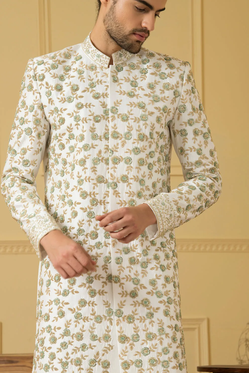 Men's Off White Embroidered Sherwani - Hilo Design