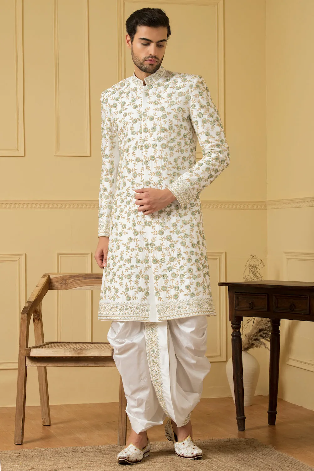 Men's Off White Embroidered Sherwani - Hilo Design