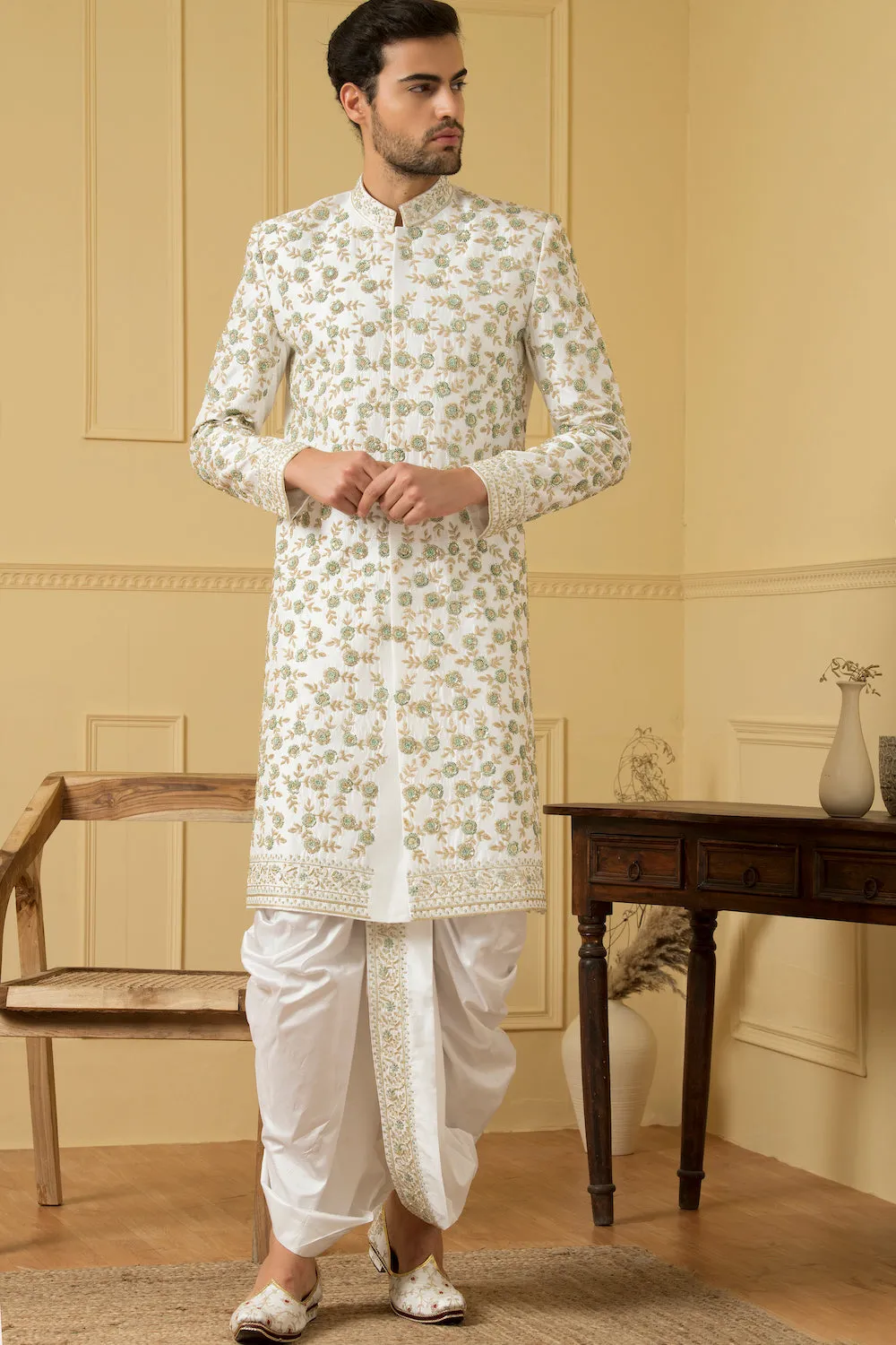 Men's Off White Embroidered Sherwani - Hilo Design