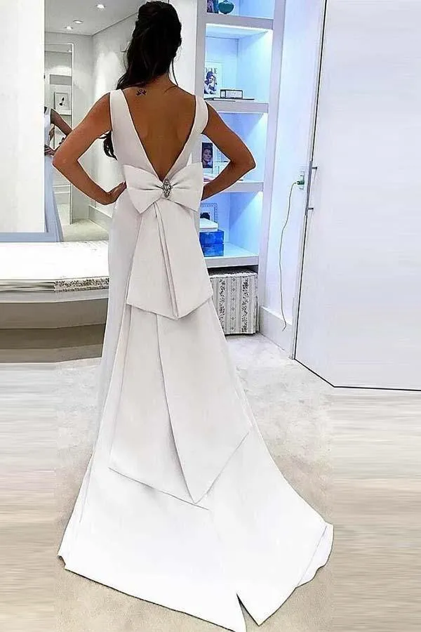 Mermaid Deep V-Neck Sweep Trian White Satin Backless Wedding Dress WD219