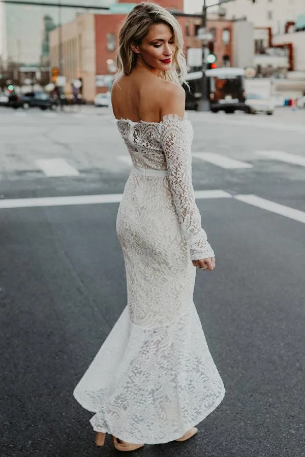 Mermaid Off-the-Shoulder High Low Lace Wedding Dress with Long Sleeves WD278