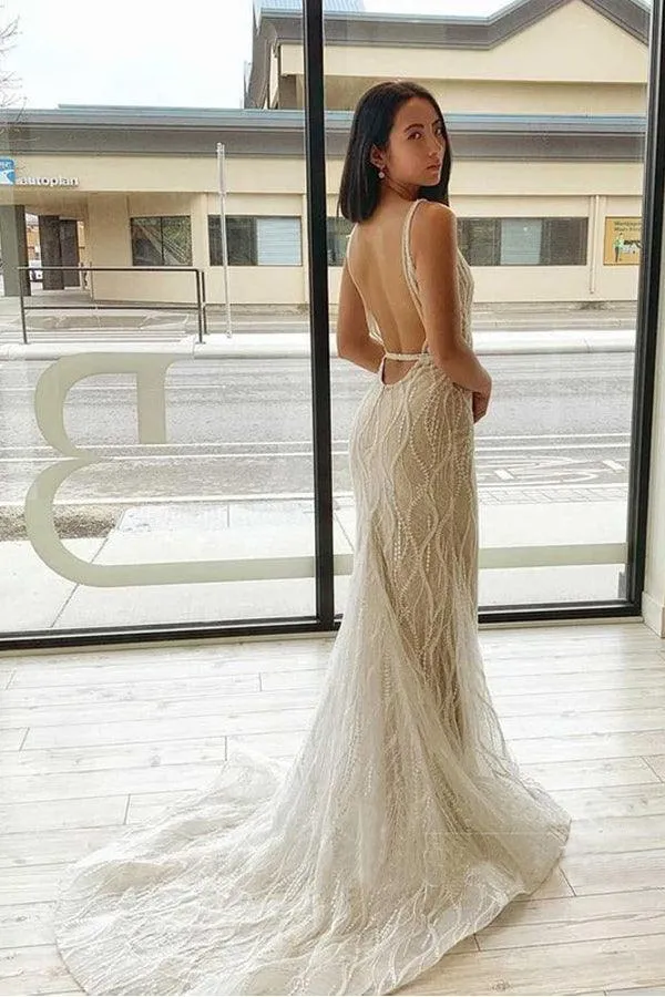 Mermaid V Neck  Lace Wedding Dresses Backless Bridal Gown  WD598