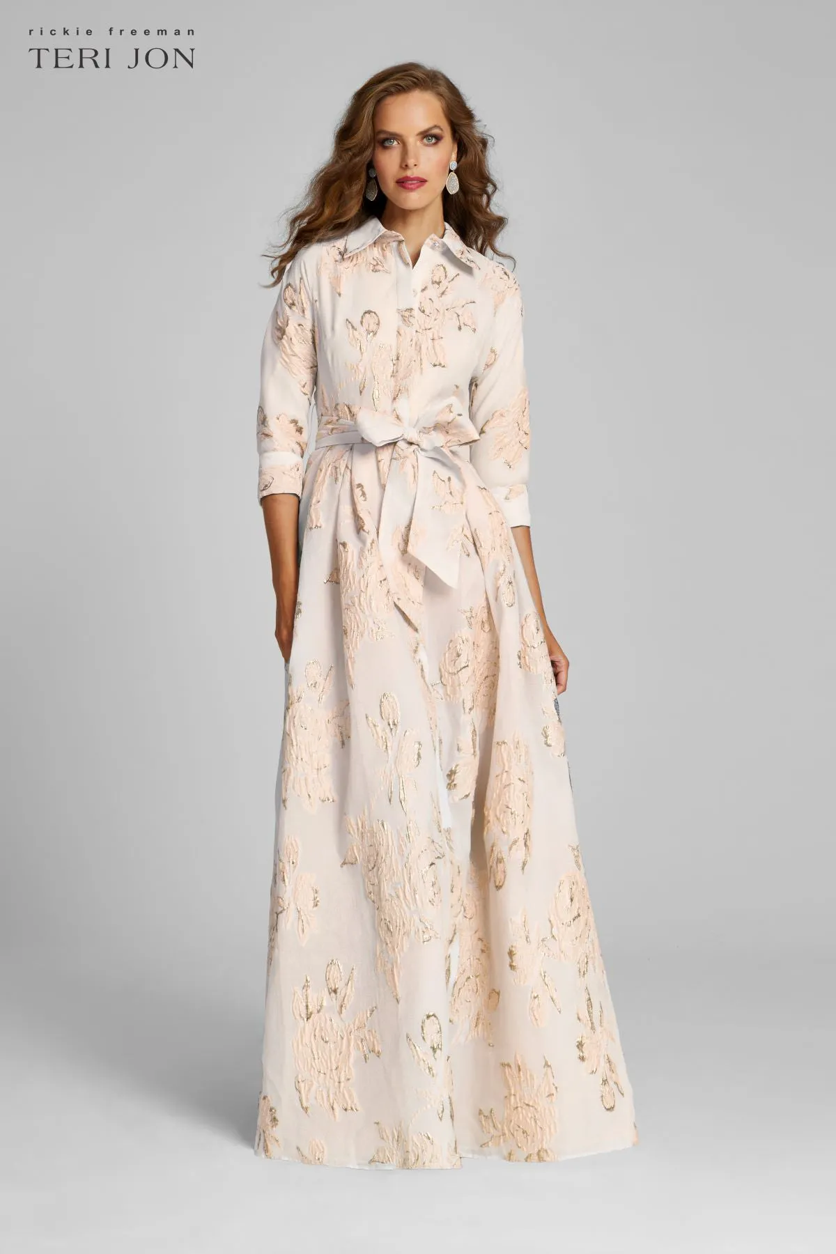 Metallic Jacquard Shirtdress Gown with Floral Print