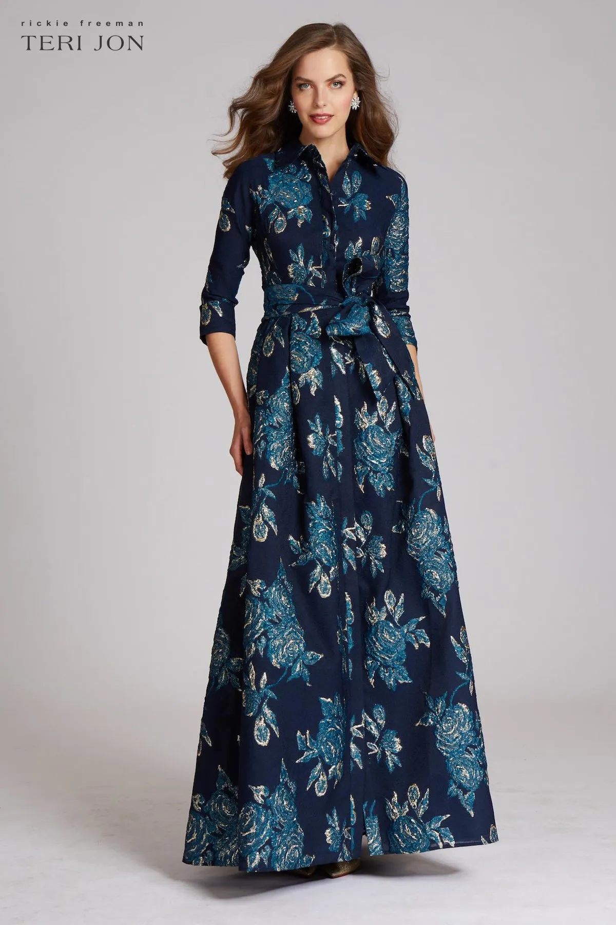 Metallic Jacquard Shirtdress Gown with Floral Print