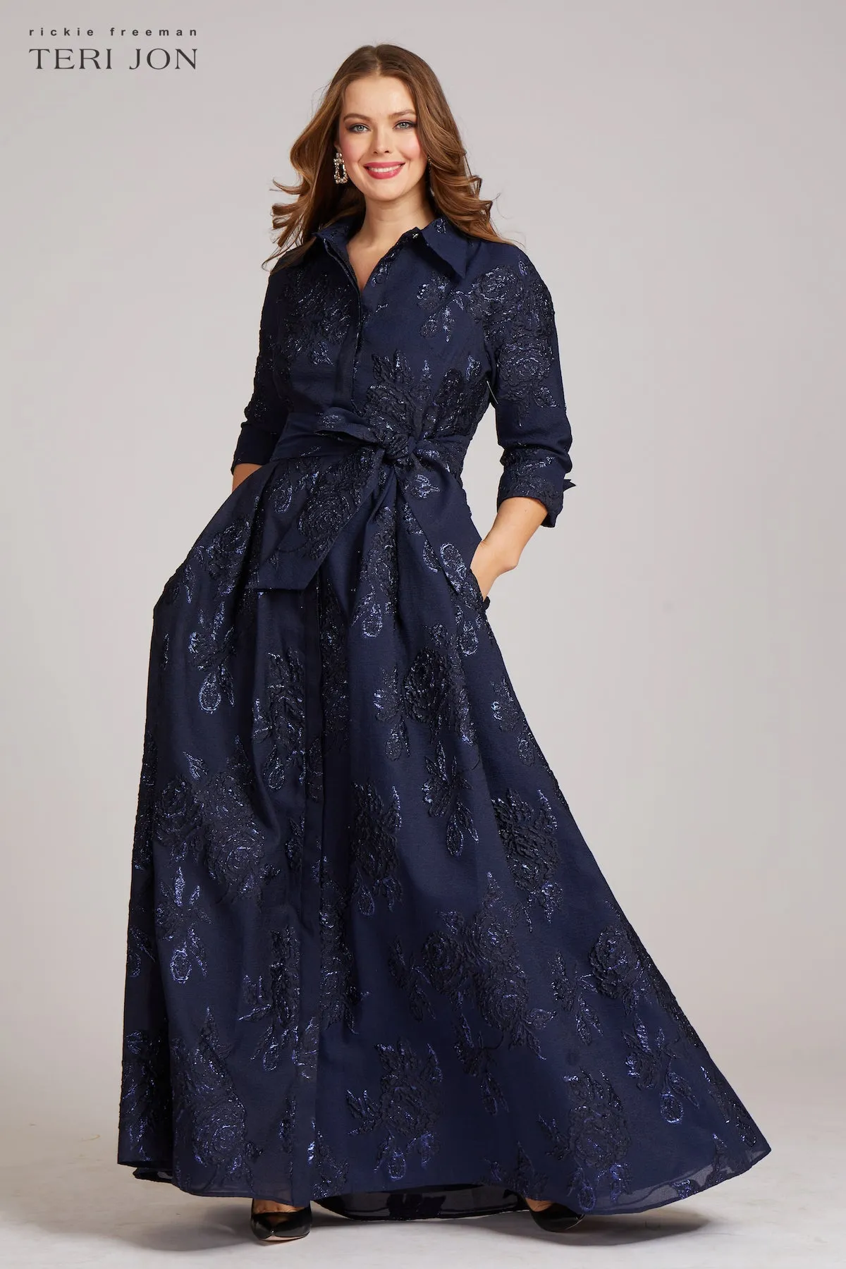 Metallic Jacquard Shirtdress Gown with Floral Print