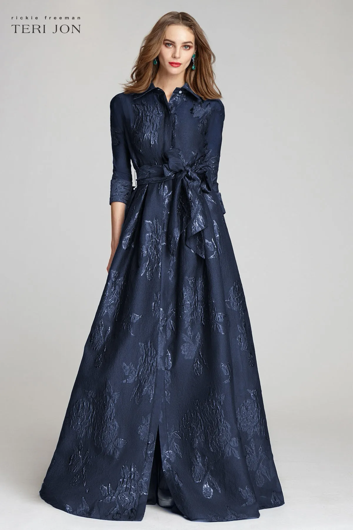 Metallic Jacquard Shirtdress Gown with Floral Print