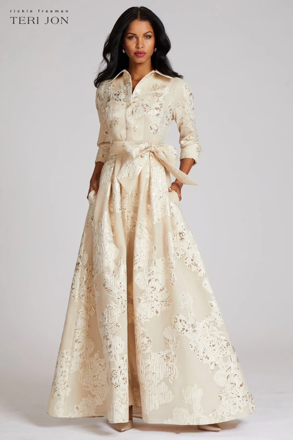 Metallic Jacquard Shirtdress Gown with Floral Print