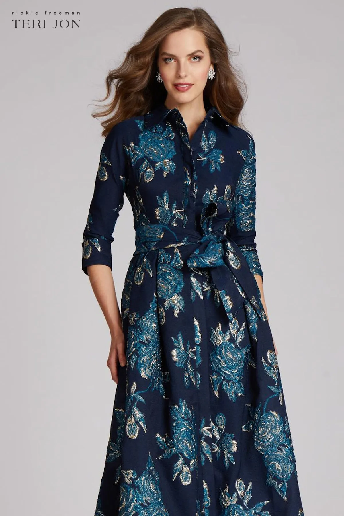 Metallic Jacquard Shirtdress Gown with Floral Print