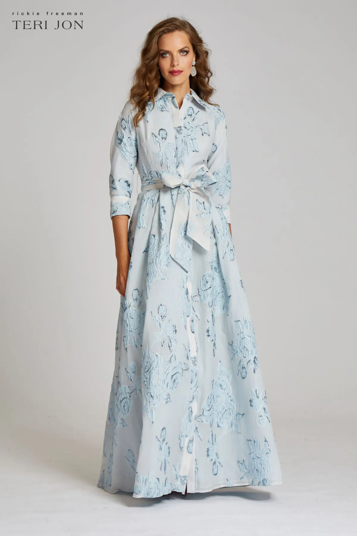 Metallic Jacquard Shirtdress Gown with Floral Print