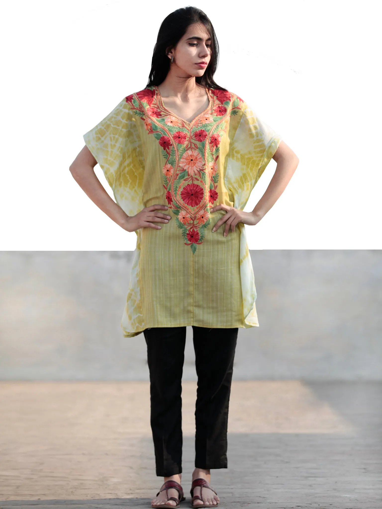 Mustard Red Orange Ivory Aari Embroidered Short Kashmere Kaftan  - K11K026