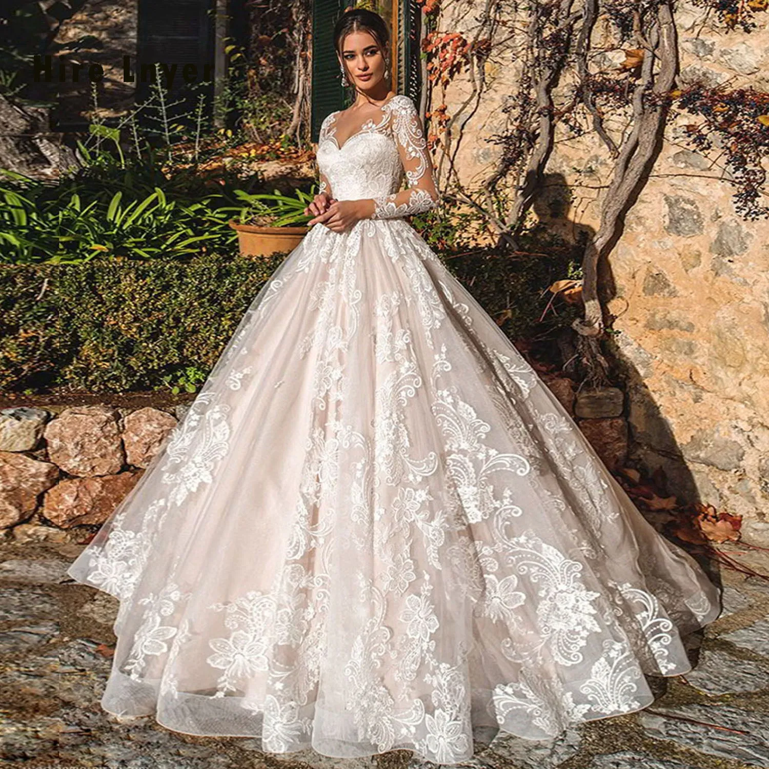 New Arrival Long Sleeve Ball Gown Wedding Dress with Illusion Back and Sequined Appliques