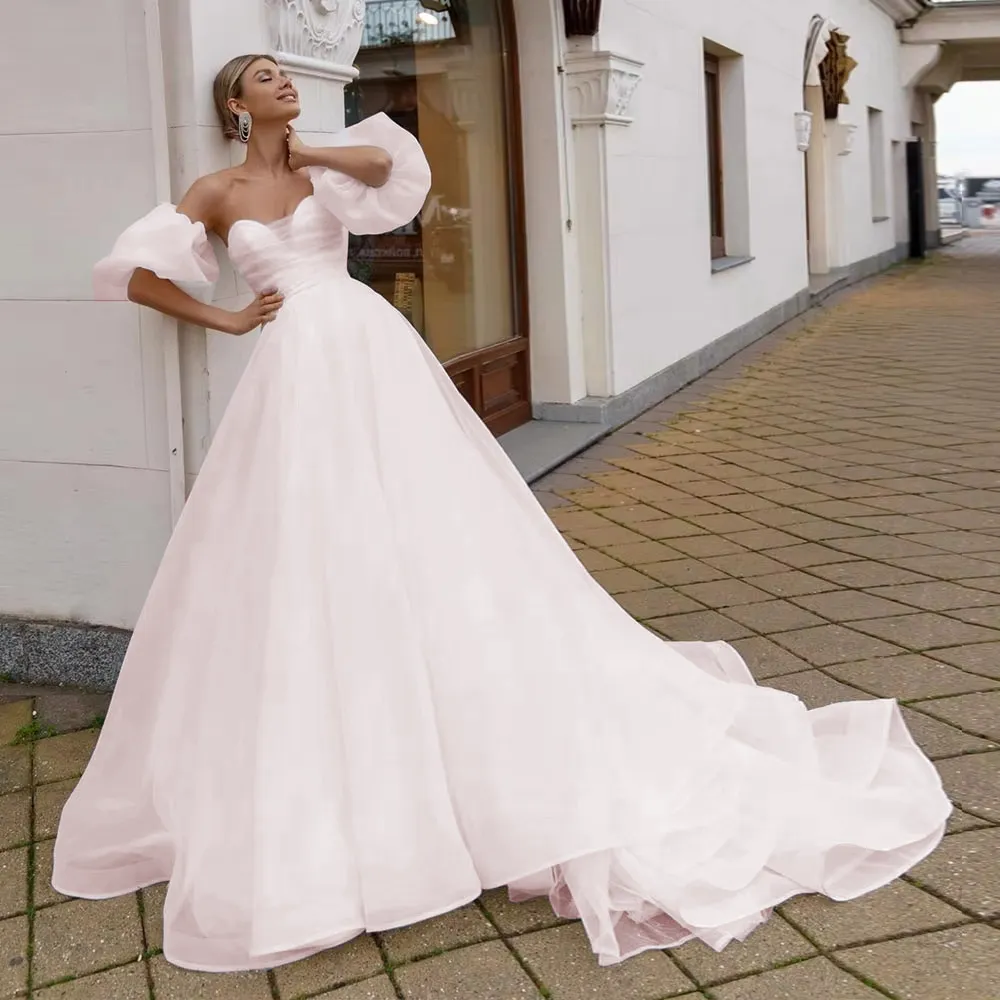 New Tulle Wedding Dress with Detachable Sleeves Sweetheart Neck Bridal Gown