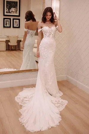 Off Shoulder Court Train Chiffon Wedding Dress with Lace Appliques WD220