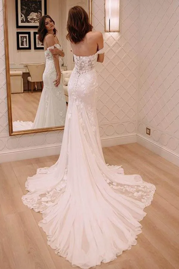 Off Shoulder Court Train Chiffon Wedding Dress with Lace Appliques WD220