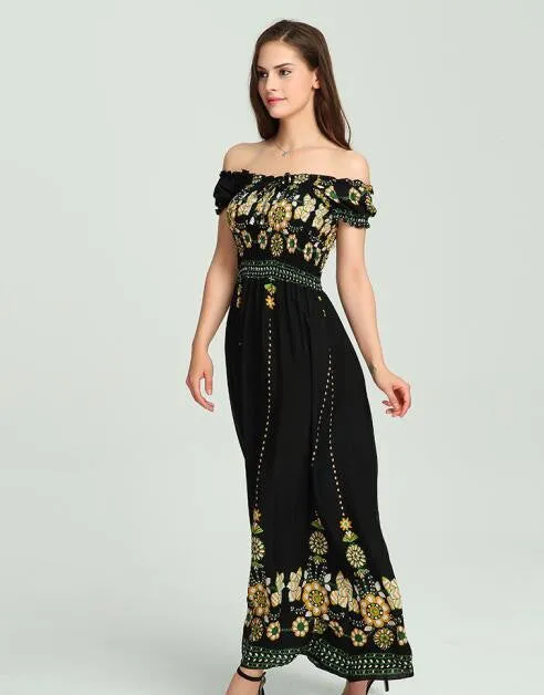 Off Shoulder Elegant Vintage Floral Print Sexy Boho Dress