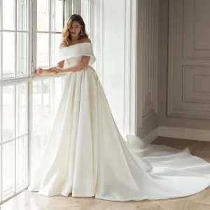 Off-the-Shoulder A-Line Satin Wedding Dress Simple Boat Neck Bridal Gown