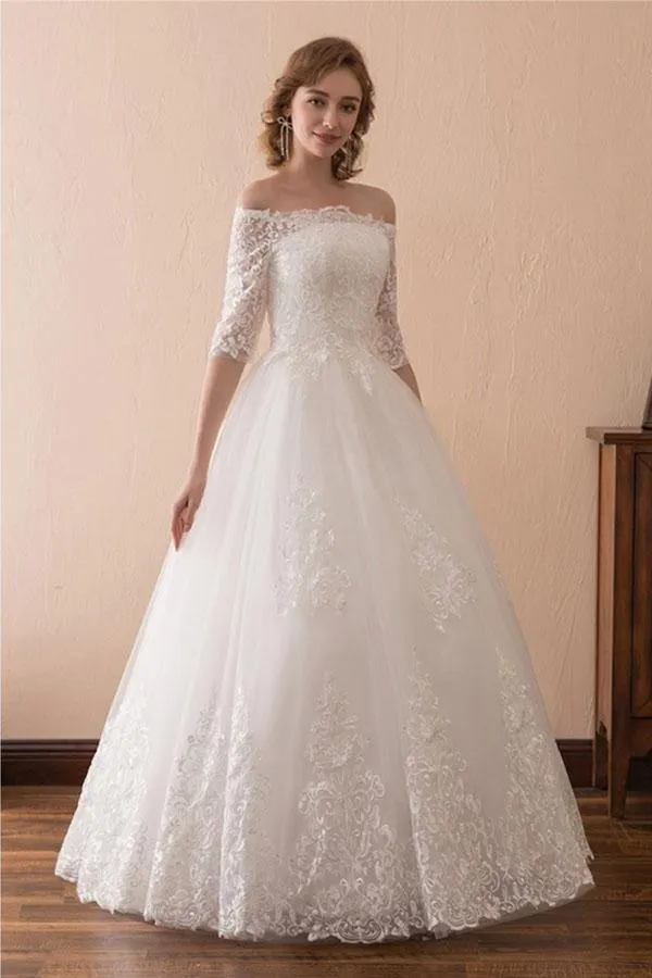 Off The Shoulder Lace Ball Gown Wedding Dress With 1/2 Sleeves WD221