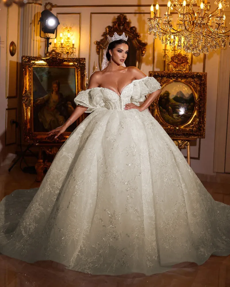 Off The Shoulder Short Sleeve Sweetheart Neck Ball Gown Wedding Dress