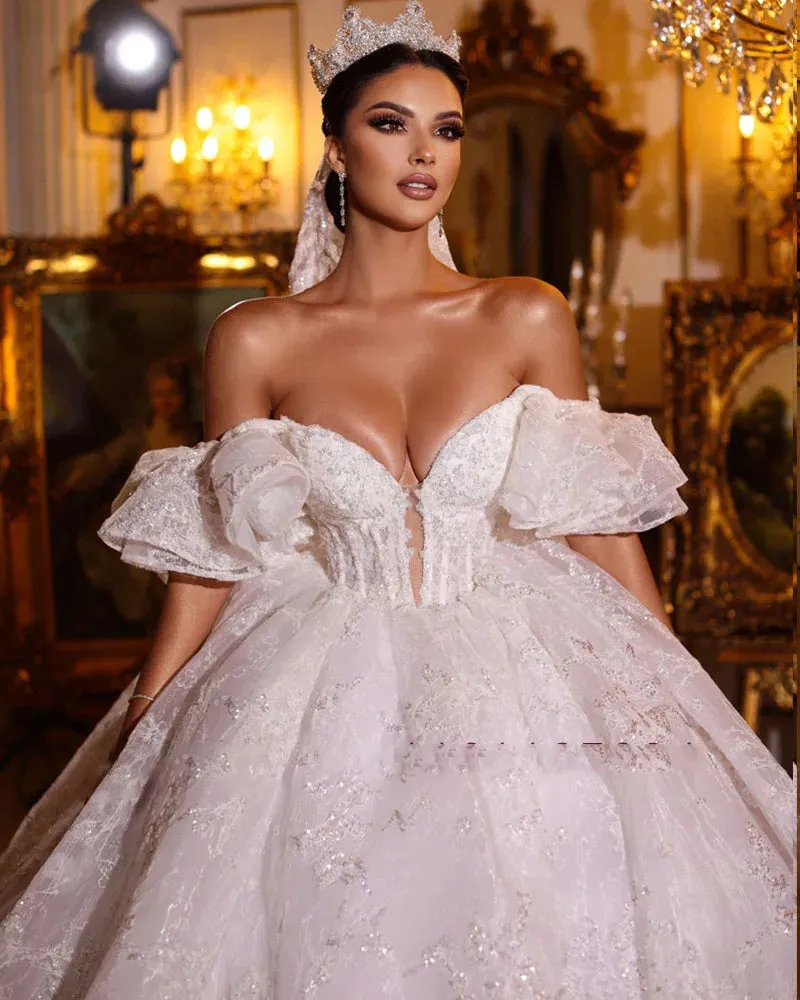 Off The Shoulder Short Sleeve Sweetheart Neck Ball Gown Wedding Dress