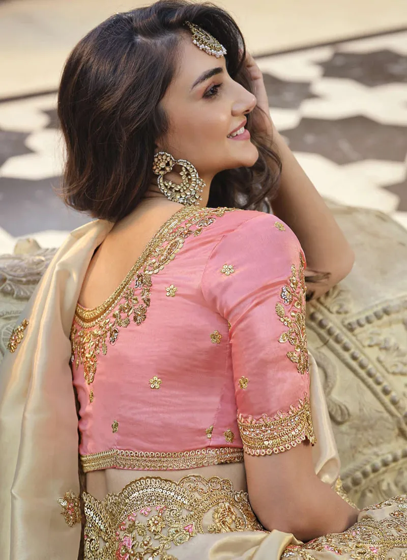 Off White And Pink Embroidered Party Wear Saree