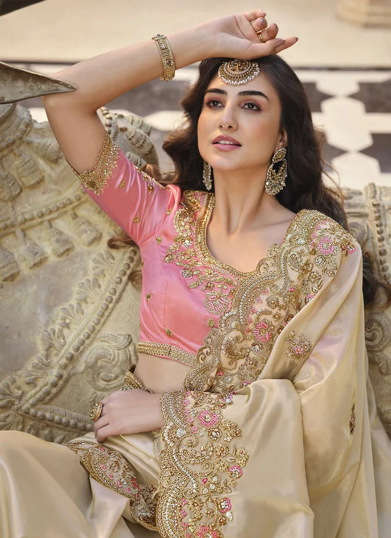 Off White And Pink Embroidered Party Wear Saree