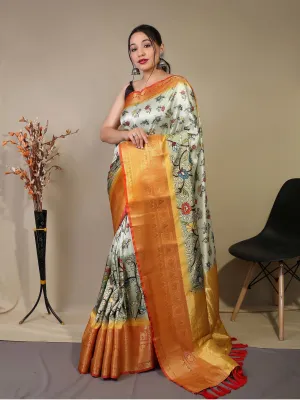 Off White Saree in Floral Kalamkari Print