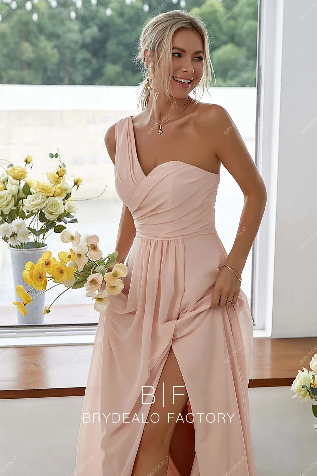 One Shoulder Unique Peach Chiffon Floor Length Slit Dress