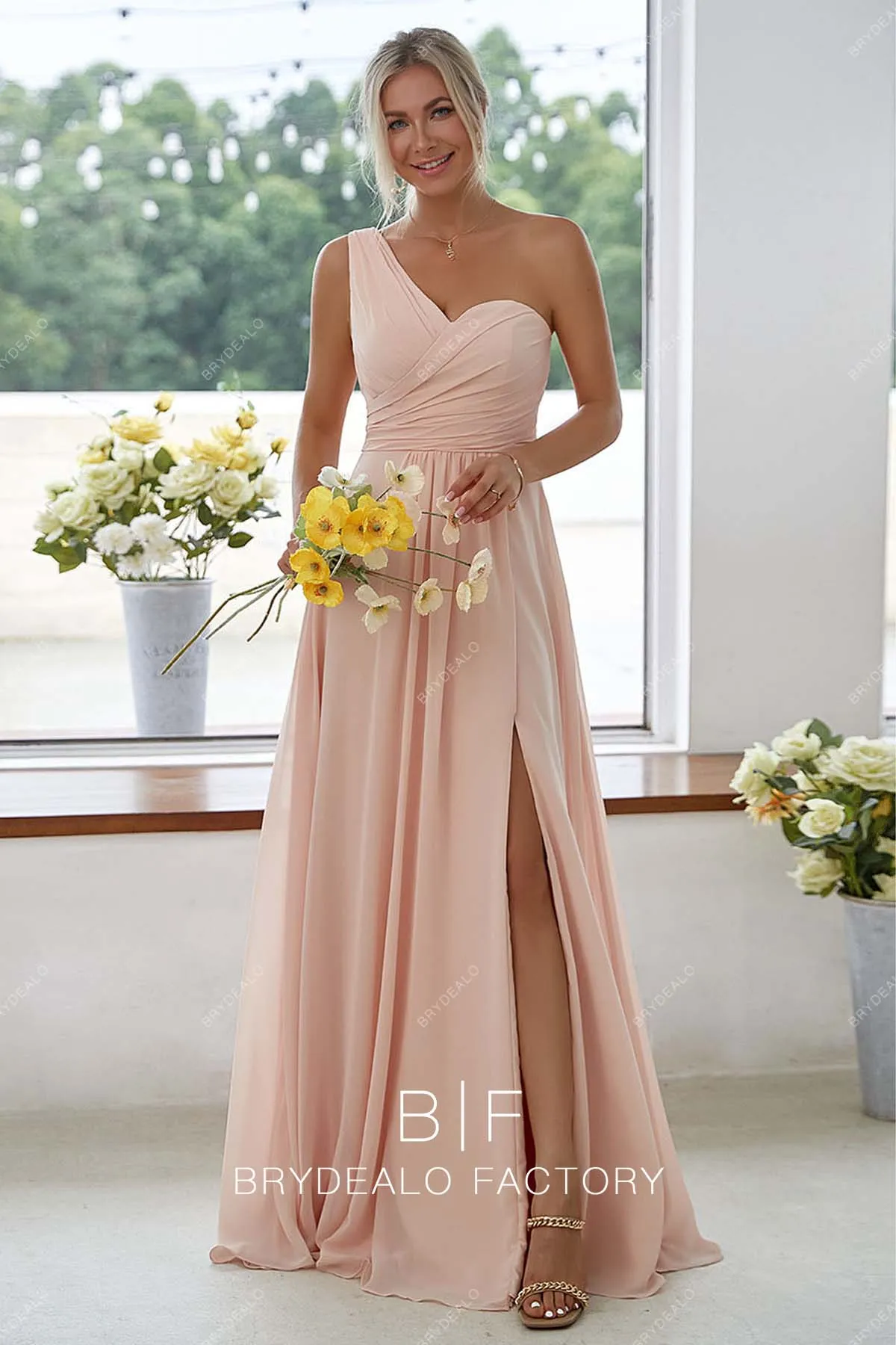 One Shoulder Unique Peach Chiffon Floor Length Slit Dress