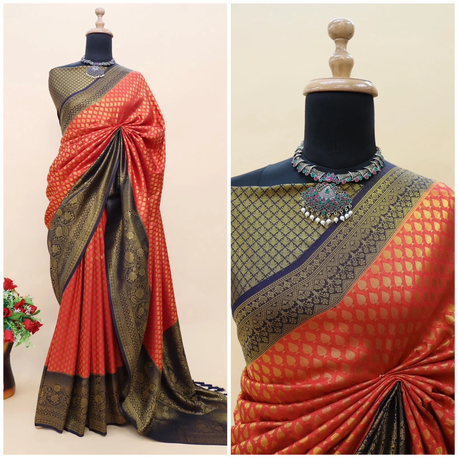 Orange and Blue Kuber Soft Silk Saree with Exquisite Golden Jari Work & Matching Blouse