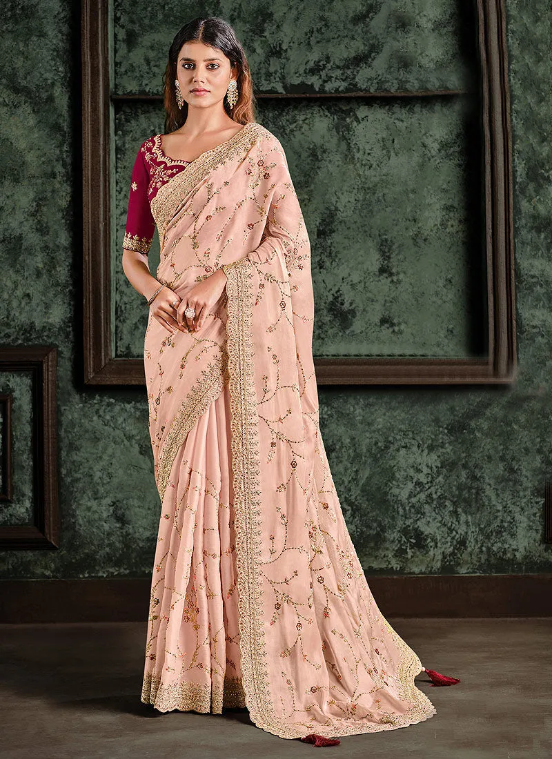 Peach And Maroon Multi Embroidered Designer Saree