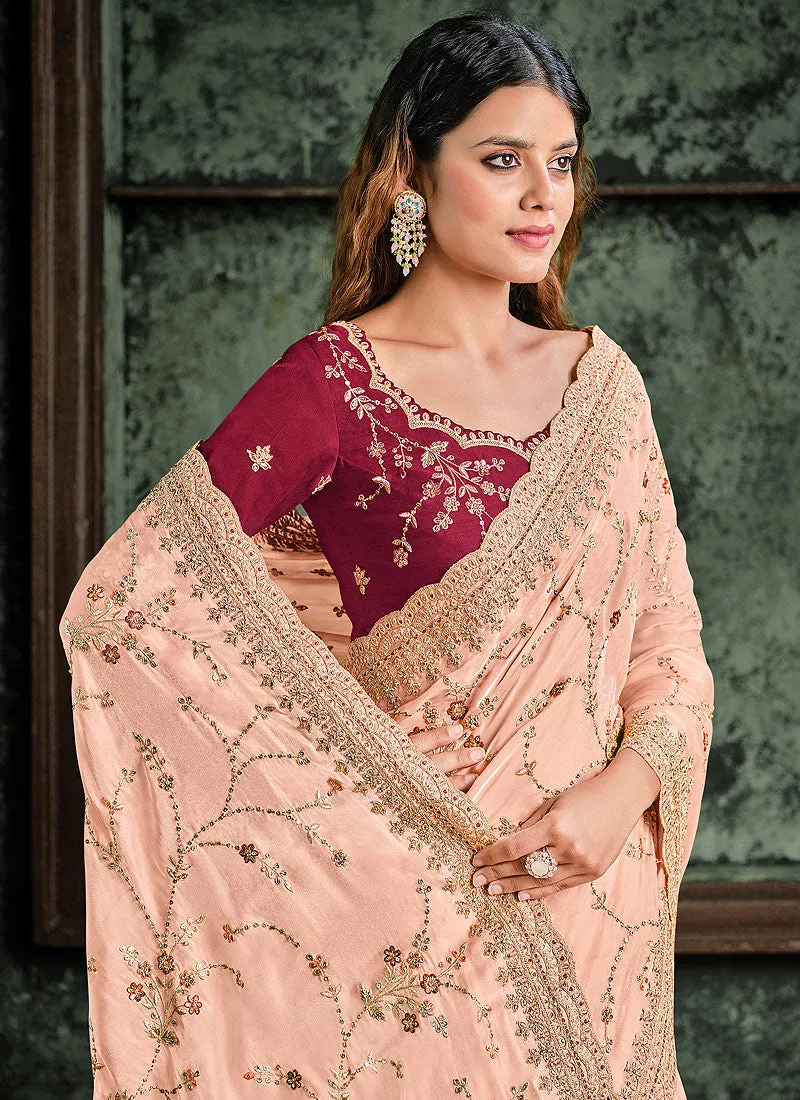 Peach And Maroon Multi Embroidered Designer Saree