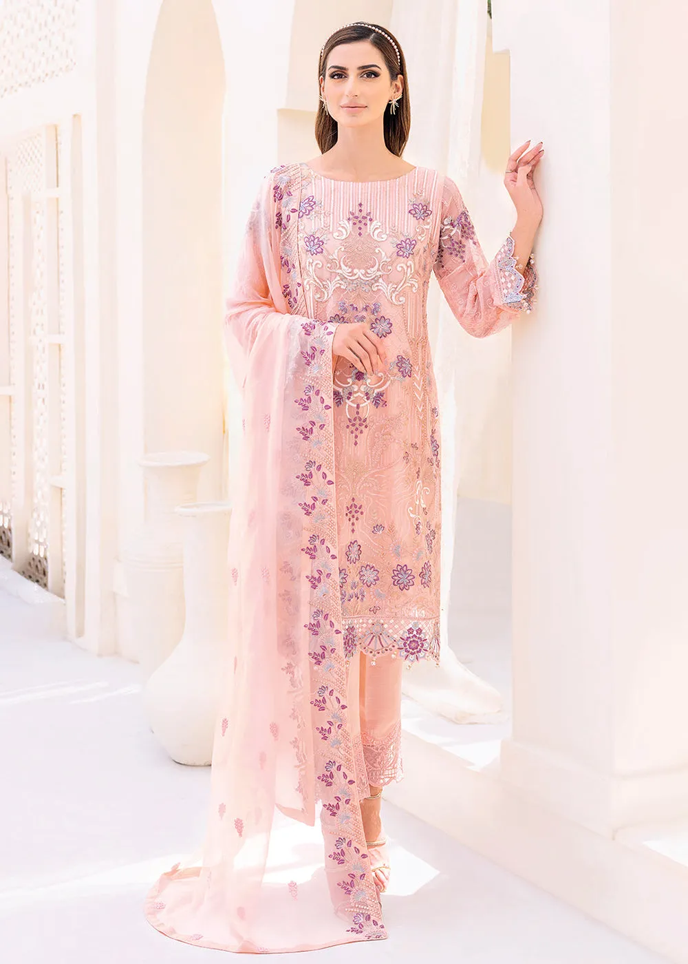 Peach Embroidered Suit - Ramsha Chiffon Vol 23 - #F-2304