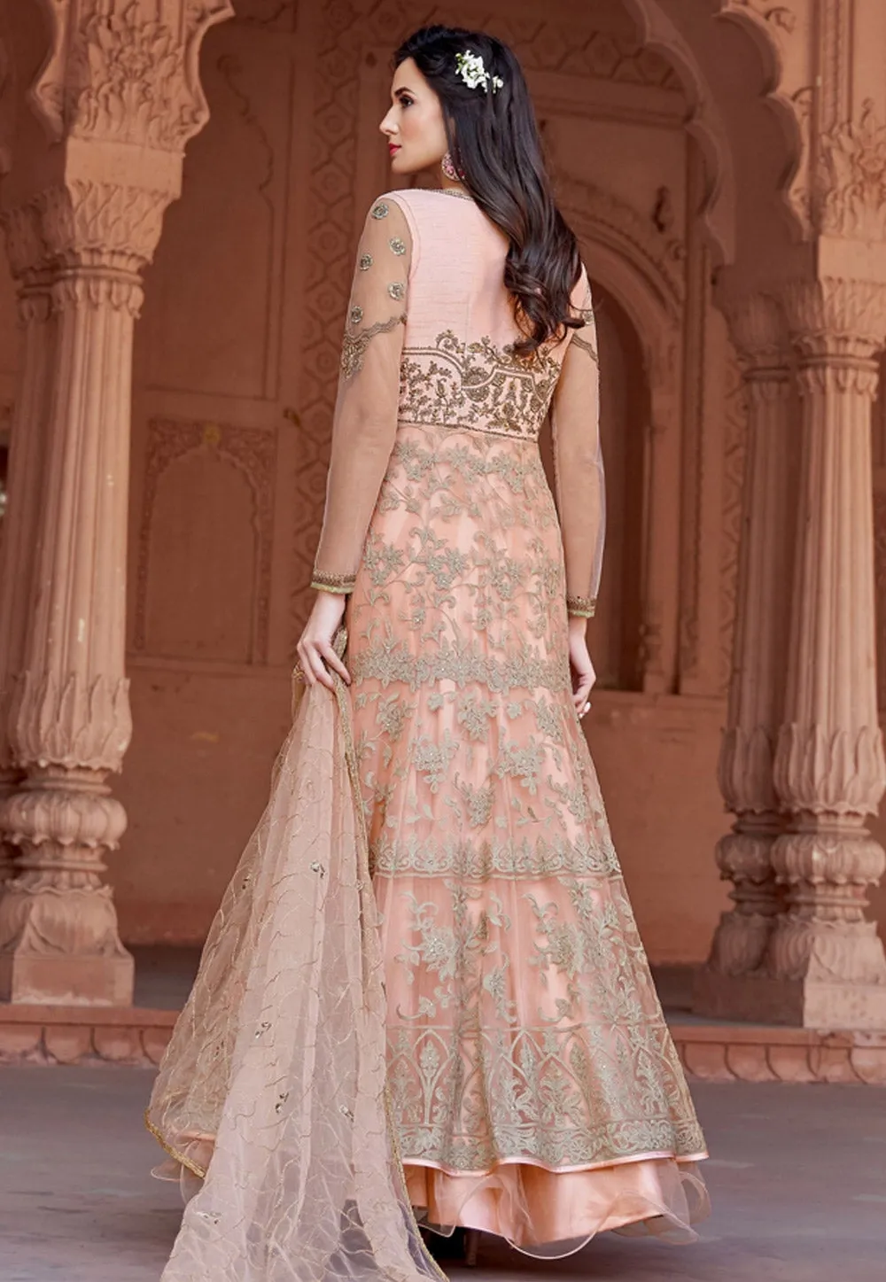 Peach Multi Embroidered Net Anarkali Suit