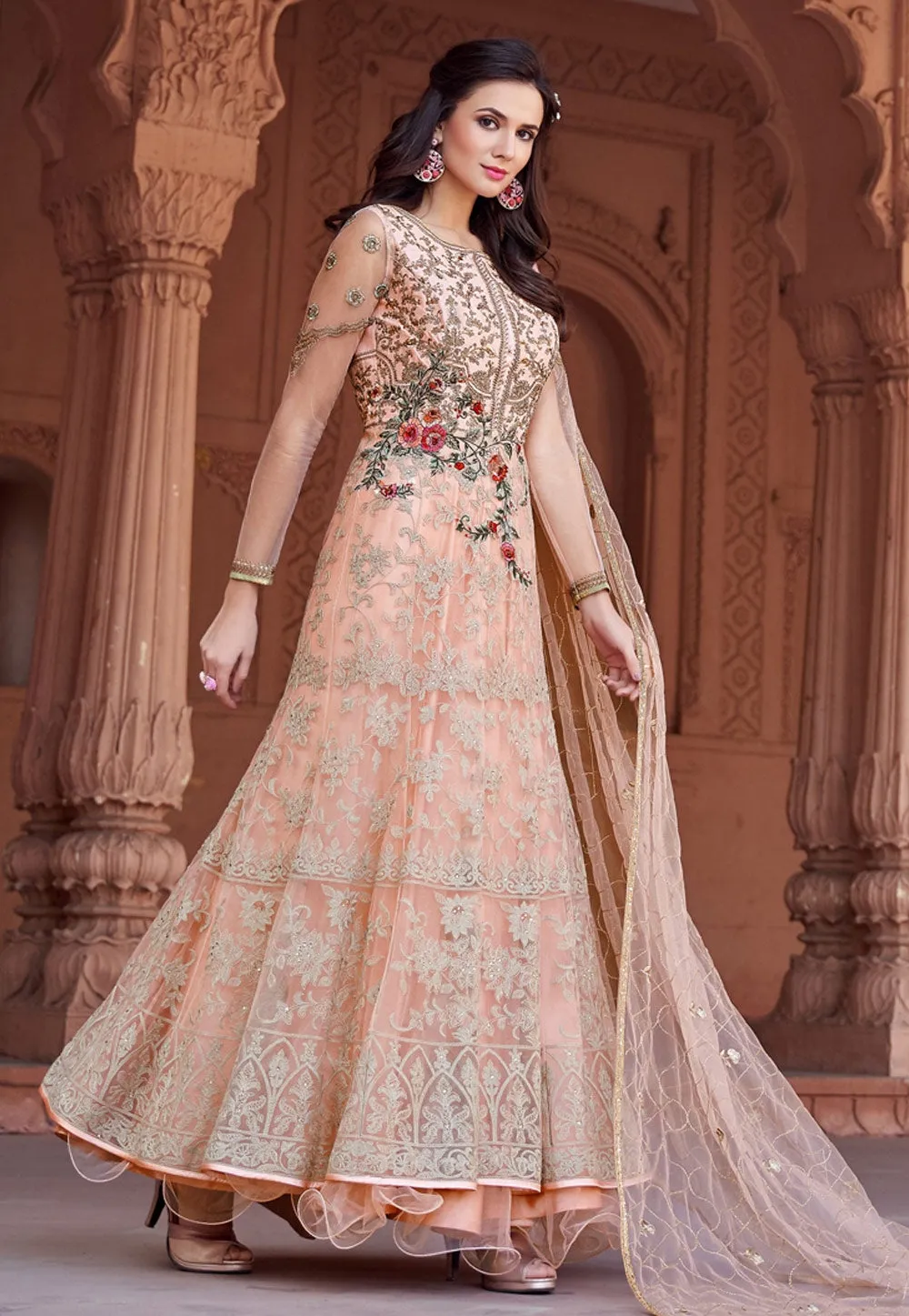 Peach Multi Embroidered Net Anarkali Suit