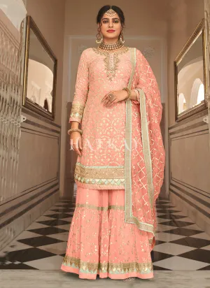 Peach Sequence Embroidered Wedding Gharara Suit