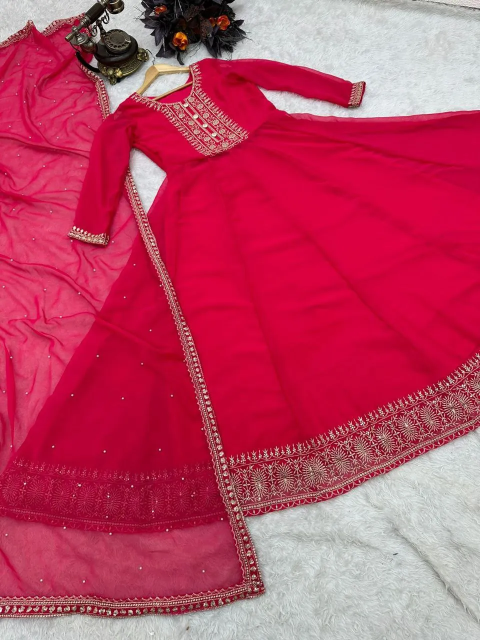 Pink Anarkali Gown in Faux Georgette with Embroidery Sequence Work