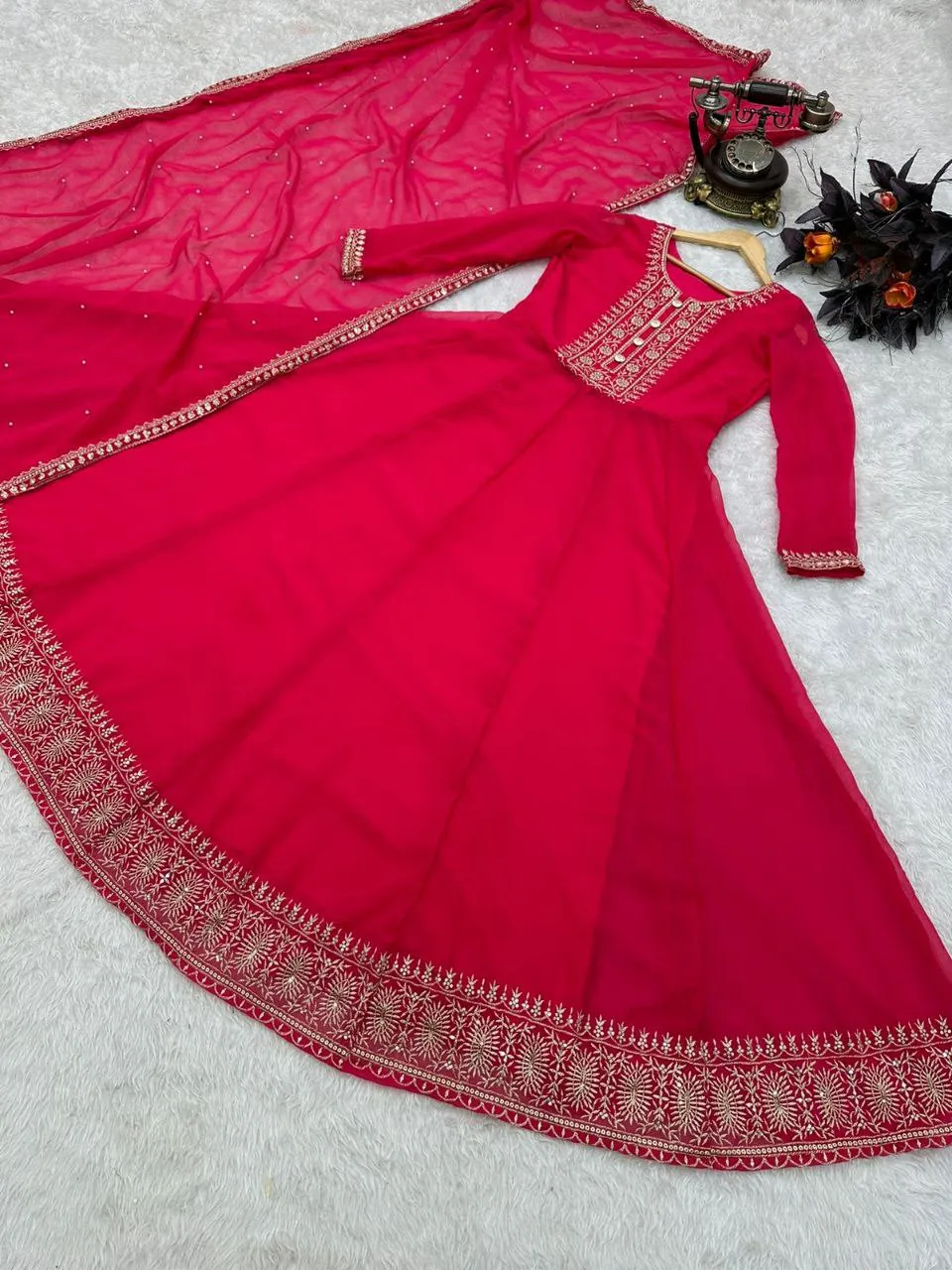 Pink Anarkali Gown in Faux Georgette with Embroidery Sequence Work